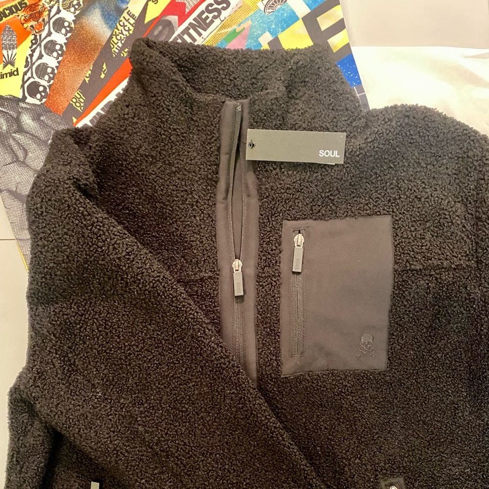 NWT SOUL by SOULCYCLE Black Sherpa Full Zip Jacket Unisex Size L Black